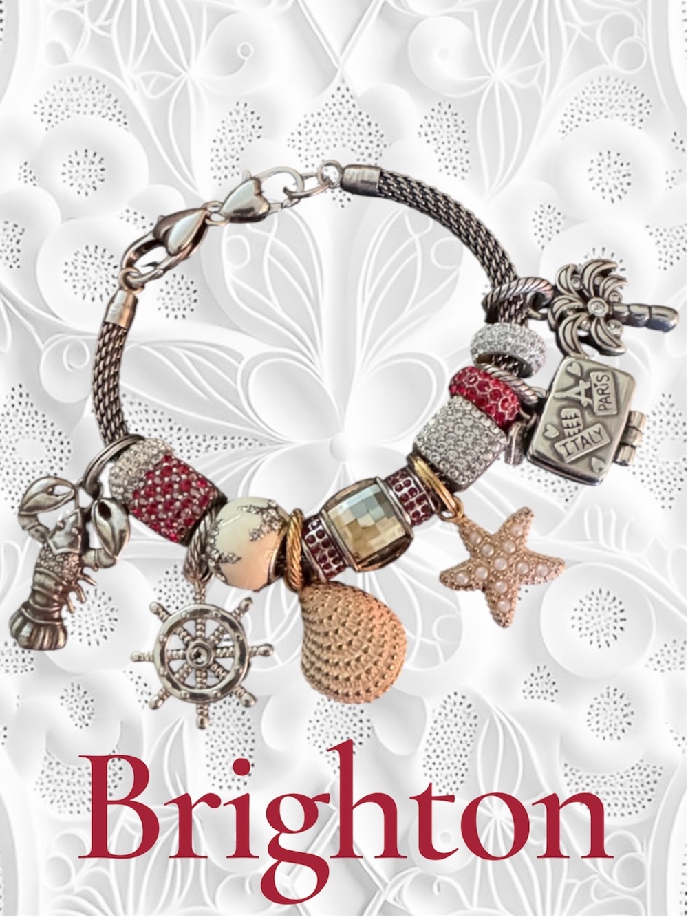 BRIGHTON Beach / Vacation / Travel Charm Bracelet w/Red/Gold Accents - 15 Charms